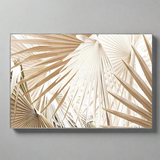 Decorative wall art with beige palm leaf pattern on a white background