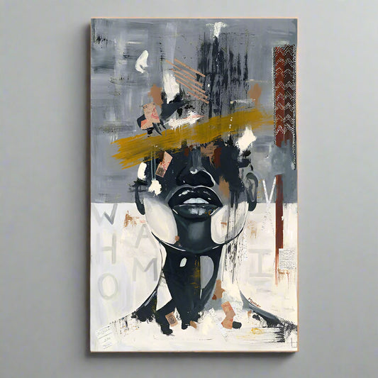 Abstract art piece with a face-like figure and text on a gray background